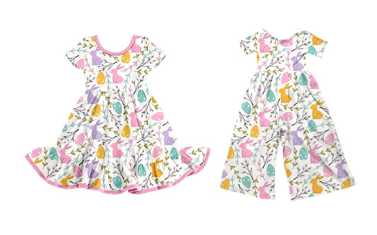 ( Moq 5 Each Style ) Girls Toddler Rabbits Eggs Easter Sibling Dress Jumpsuit