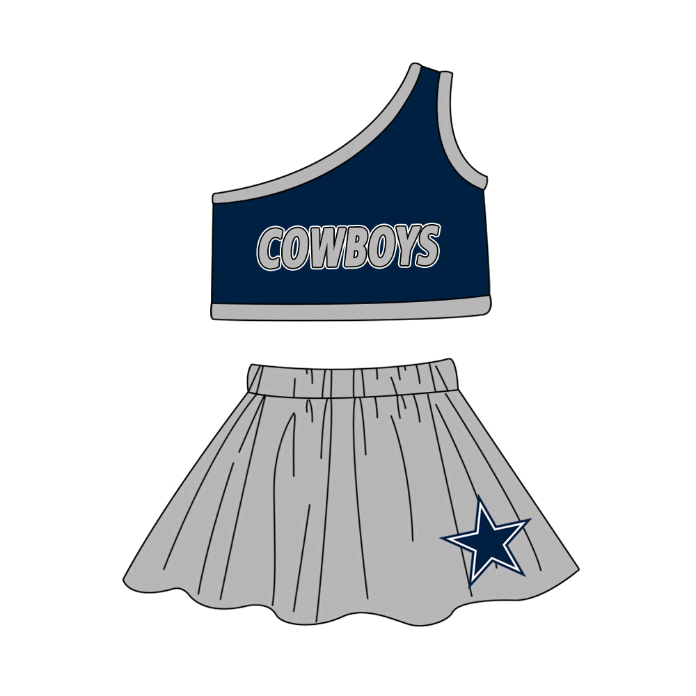 Baby Girl One Shoulder Cowboys Team Shirt Star Skorts Clothes Set ( Moq 5 )