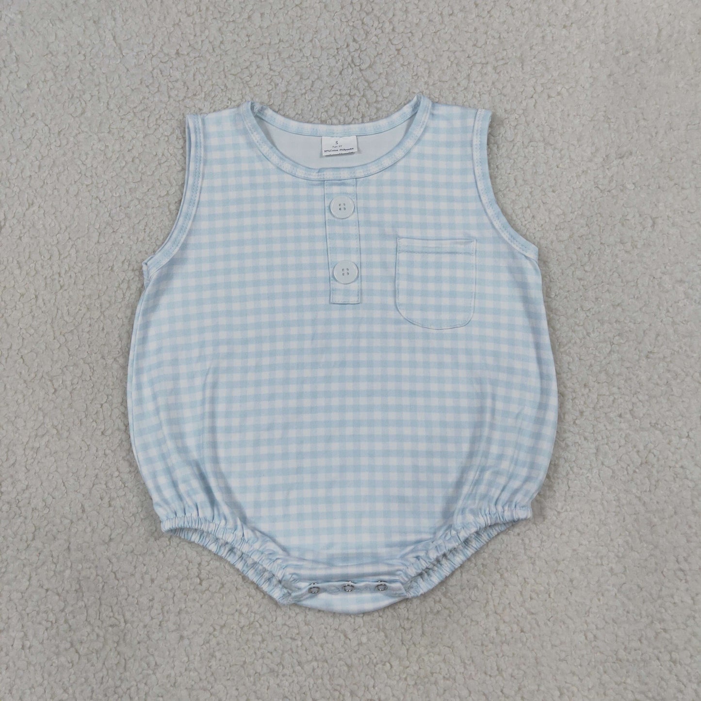 Baby Boy Infant Sleeveless Light Blue Plaid Pocket Summer Bubble Romper RTS