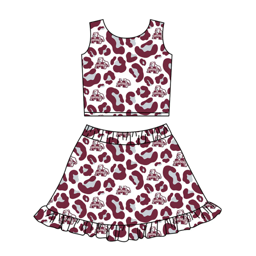 ( Moq 5 ) Baby Girls Kids Sleeveless Dark Red Leopard Dogs Football Tops Shorts Skirt Team Clothes Set