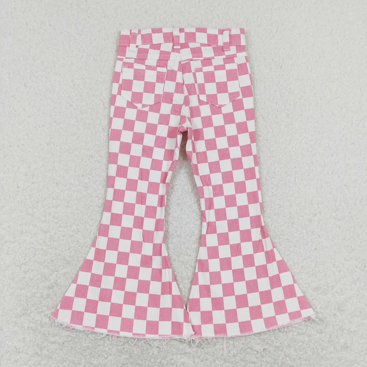 P0348 Baby Girl White Pink Checkered Denim Jeans Bell Pants