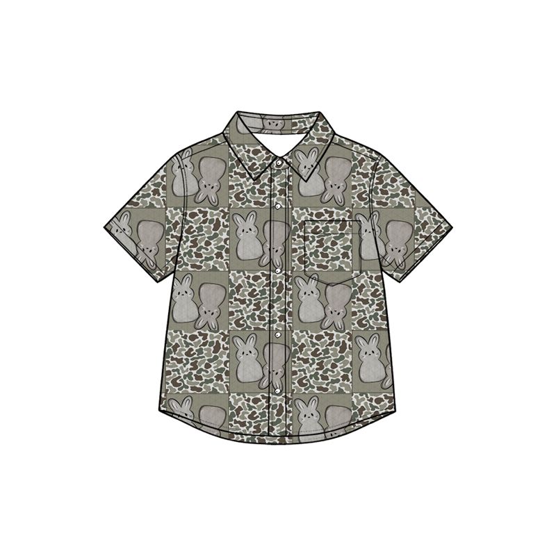 ( Moq 5 ) Preorder Baby Boys Kids Rabbits Buttons Camo Shirt Tops Easter Clothes