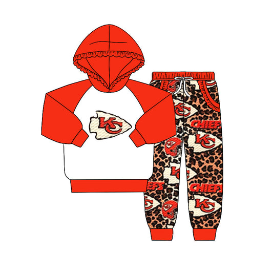 Baby Toddler Kids KC Red Hoodie Tops Pockets Leopard Pants Team Set