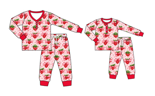 Baby Girl Toddler Adult Women Long Sleeves Valentines Hearts Strawberry Pants Sibling Family Shorts Pajamas Set ( Moq 5 Each Style )11.26