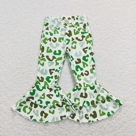 P0395 St. Patrick's Day Baby Girl Green Leopard Denim Jeans Bell Pants