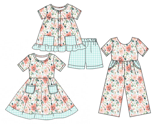 Baby Girl Short Sleeves Pockets Flower Checked Sibling Jumpsuit Dress Set ( Moq 5 Each Style ) 3.17