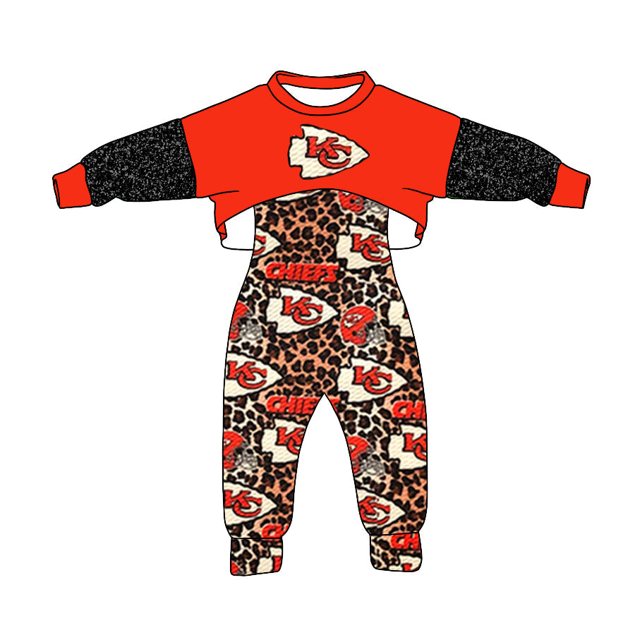 Baby Girl KC Red Top Team Leopard Jumpsuit Clothes Set
