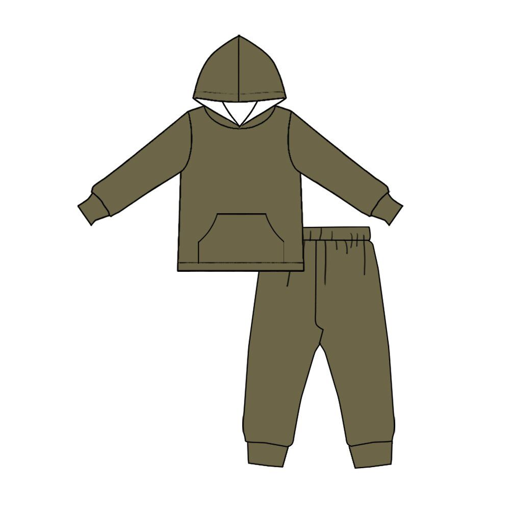( Moq 5 ) Preorder Baby Boys Kids Long Sleeves Hoodie Pocket Pullover Pants Set Olive Clothes