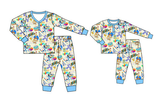 Baby Kids Toddler Adult Long Sleeves Birthday Dogs Pants Sibling Family Shorts Pajamas Set ( Moq 5 Each Style )11.26