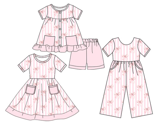 Baby Girl Short Sleeves Stripes Bows Pockets Sibling Jumpsuit Dress Set ( Moq 5 Each Style ) 3.17
