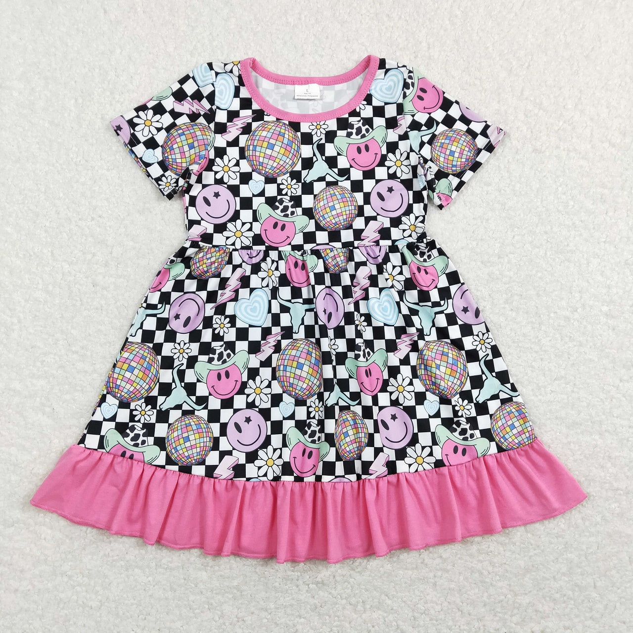 GSPO1290 Western Baby Girl Short Sleeves Smile Cow Print Shirt Checkered Bell Pants Set