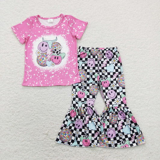 GSPO1290 Western Baby Girl Short Sleeves Smile Cow Print Shirt Checkered Bell Pants Set