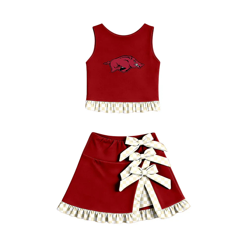 ( Moq 5 ) Sibling Baby Girls Kids Sleeveless Cheer Pig Vest Checked Bows Skirt Shorts Team Set Clothes