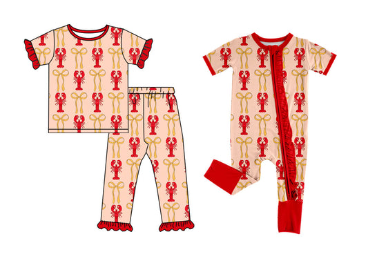 ( Moq 5 Each Style ) Girls Toddler Short Sleeves Crawfish Bows Sibling Romper Pajamas Set