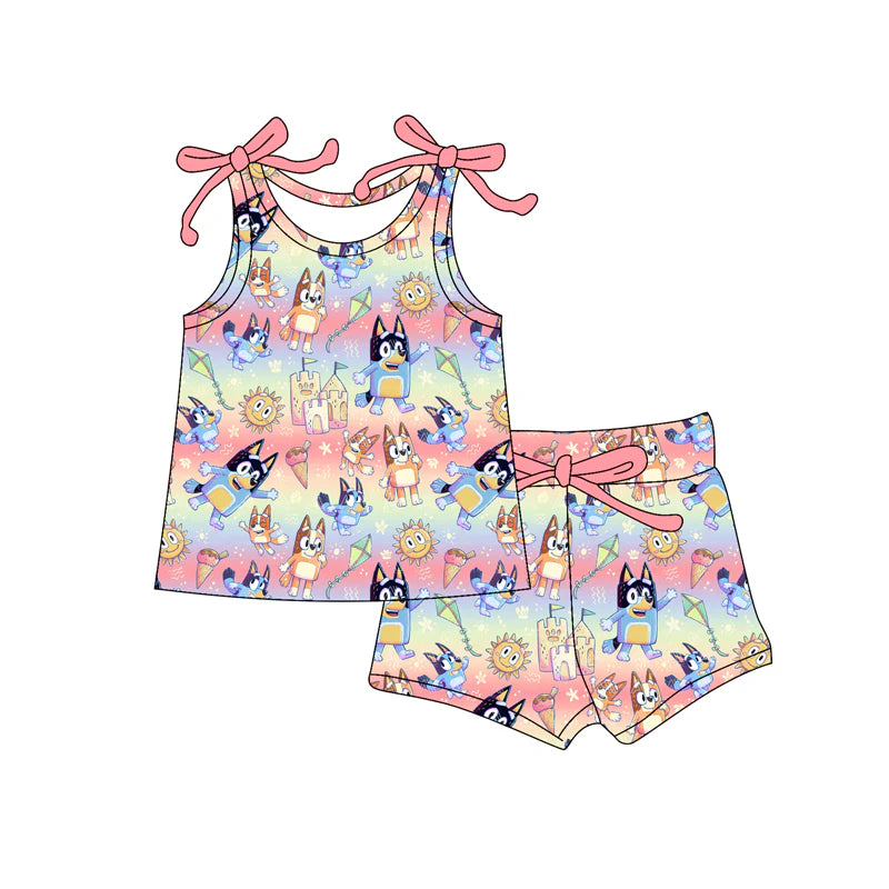 Baby Girl Bows Sleeveless Cartoon Dogs Suns Top Short Set ( Moq 5 )