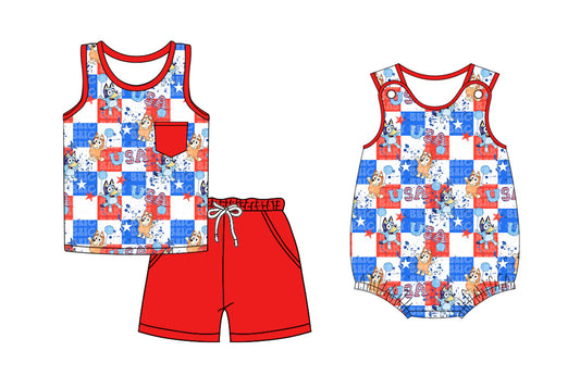 Baby Boy Sleeveless Dogs Checked Sibling Romper Set ( Moq 5 Each Style ) 2.22