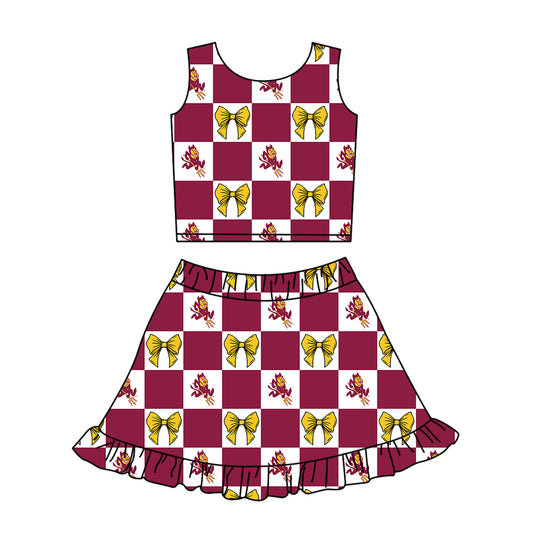 ( Moq 5 ) Baby Girls Kids Yellow Bows Checked Tops Shorts Ruffle Skirt Team Set
