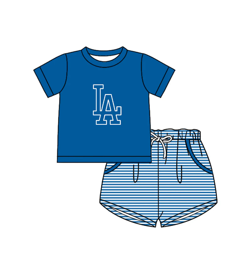 ( Moq 5 ) Sibling Baby Boys Kids Short Sleeves LA Blue Shirt Stripes Pockets Shorts Team Set Clothes