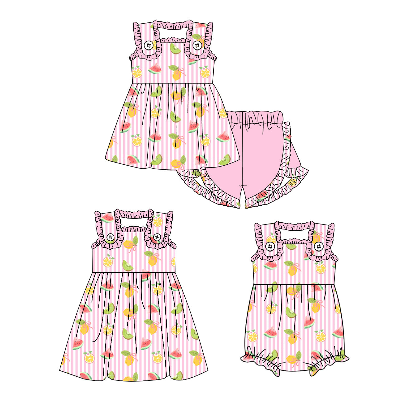 ( Moq 5 Each Style ) Sibling Baby Girls Kids Fruits Stripes Romper Dress Set Summer Clothes