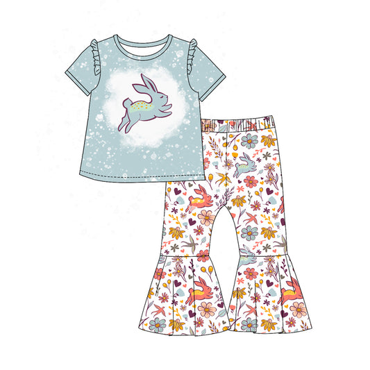 Baby Girl Toddler Short Sleeves Rabbit Shirt Flower Bell Pants Easter Set