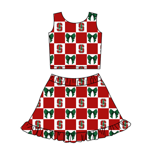 ( Moq 5 ) Baby Girls Kids Sleeveless Tree Bows Checked Tops Shorts Ruffle Skirt Team Set