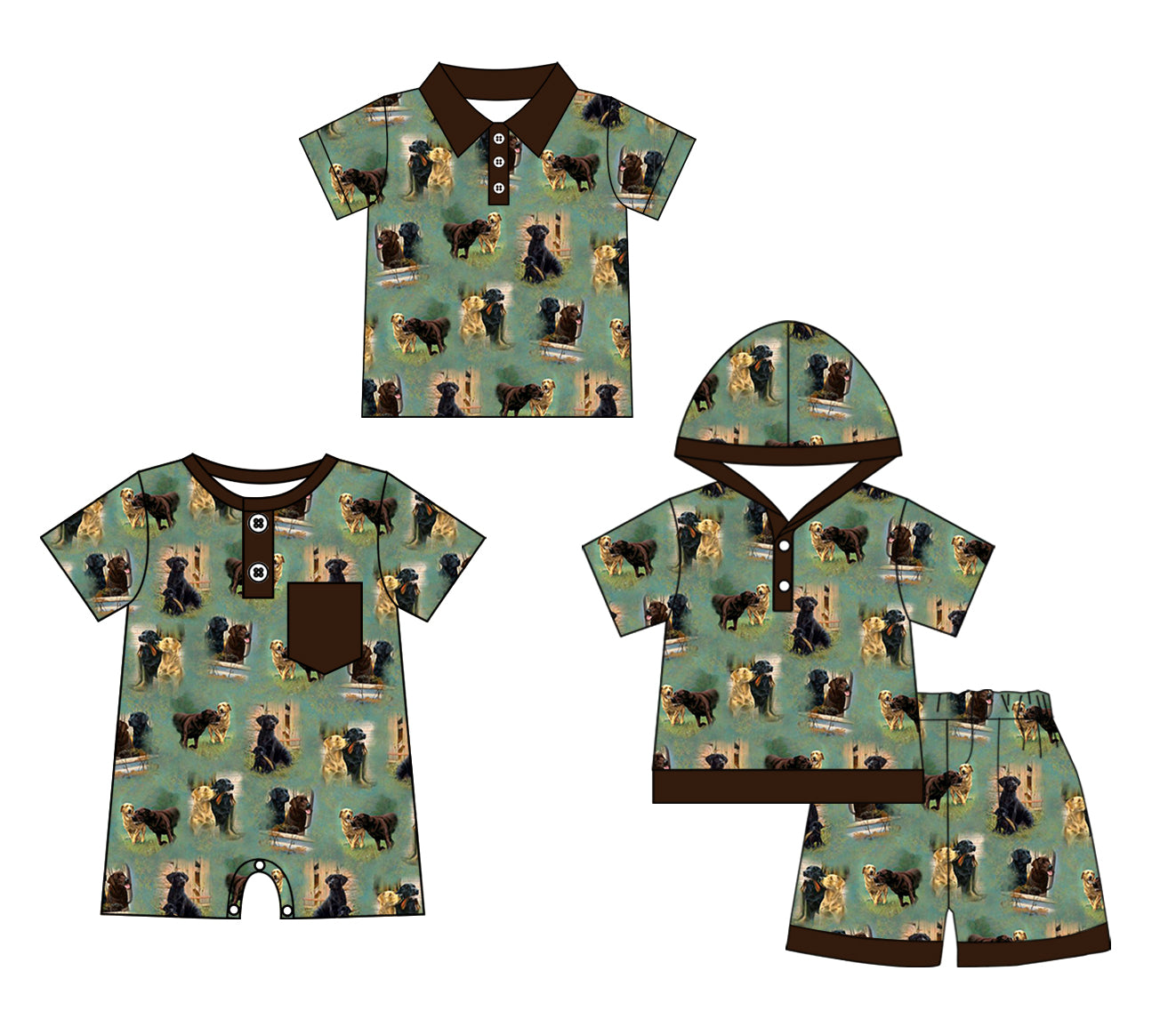 Baby Boy Short Sleeves Sibling Dogs Green Romper Clothes Set ( Moq 5 Each Design )11.27