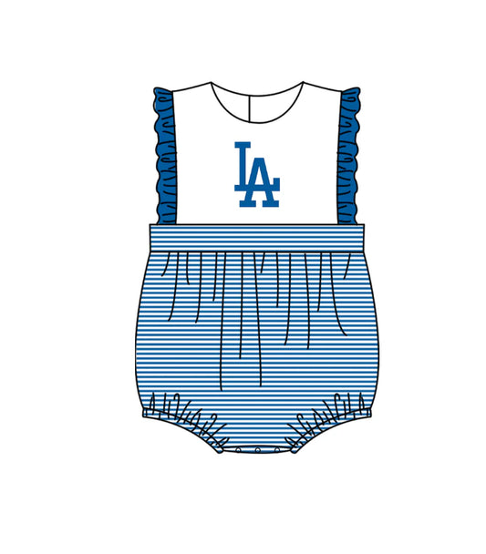 ( Moq 5 ) Sibling Baby Girls Infant Sleeveless LA Blue Stripes Team Bubble Romper