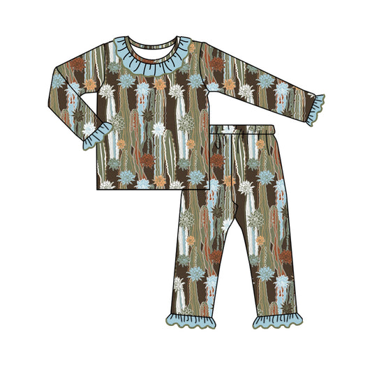 Baby Girl Long Sleeves Western Flower Cactus Shirt Pants Pajamas Set