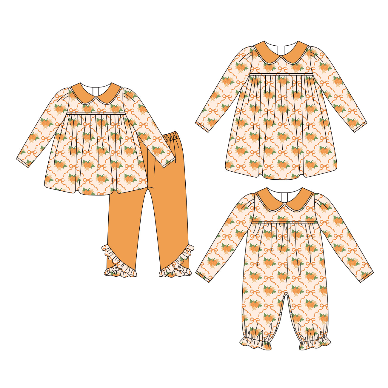 ( Moq 5 Each Style ) Sibling Baby Girls Kids Long Sleeves Pumpkins Bows Fall Romper Dress Set Clothes