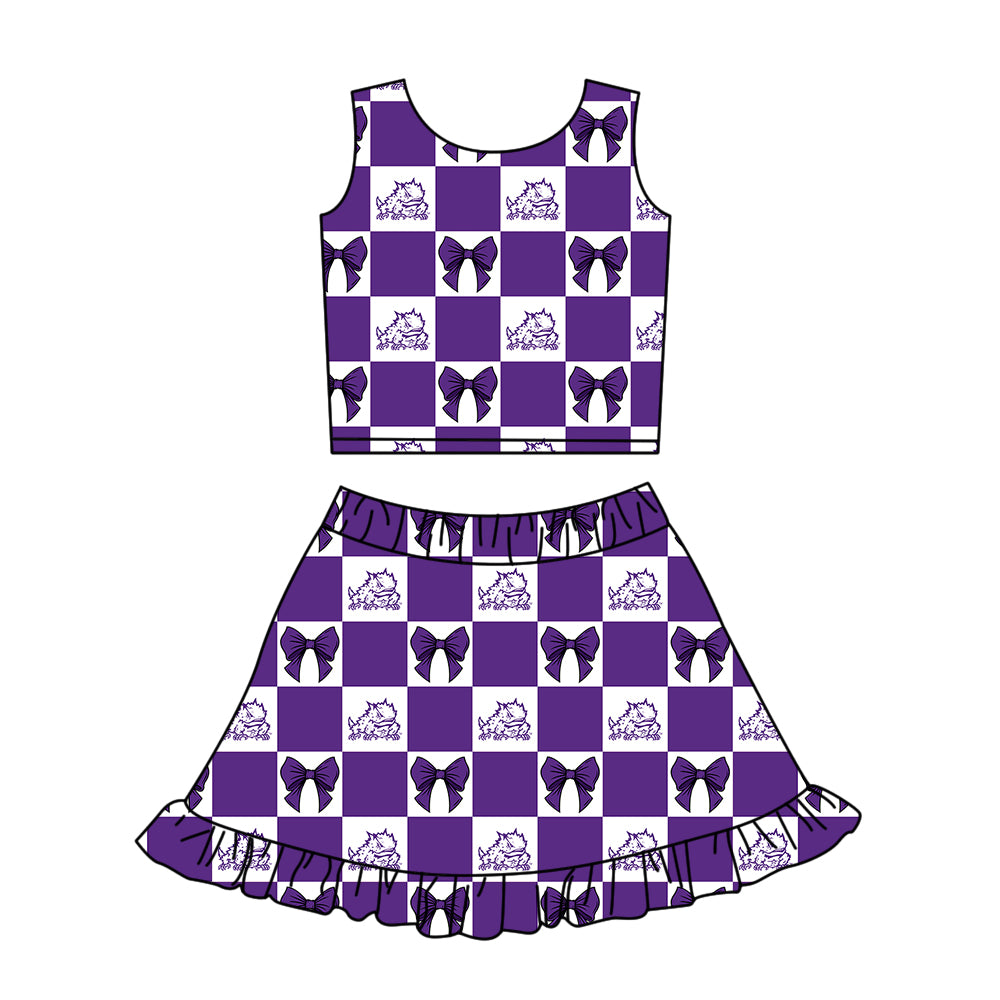 ( Moq 5 ) Baby Girls Kids Frog Bows Purple Checked Tops Shorts Ruffle Skirt Team Set