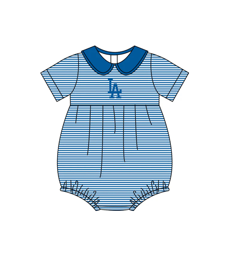 ( Moq 5 ) Sibling Baby Girls Infant Short Sleeves LA Blue Stripes Team Bubble Romper