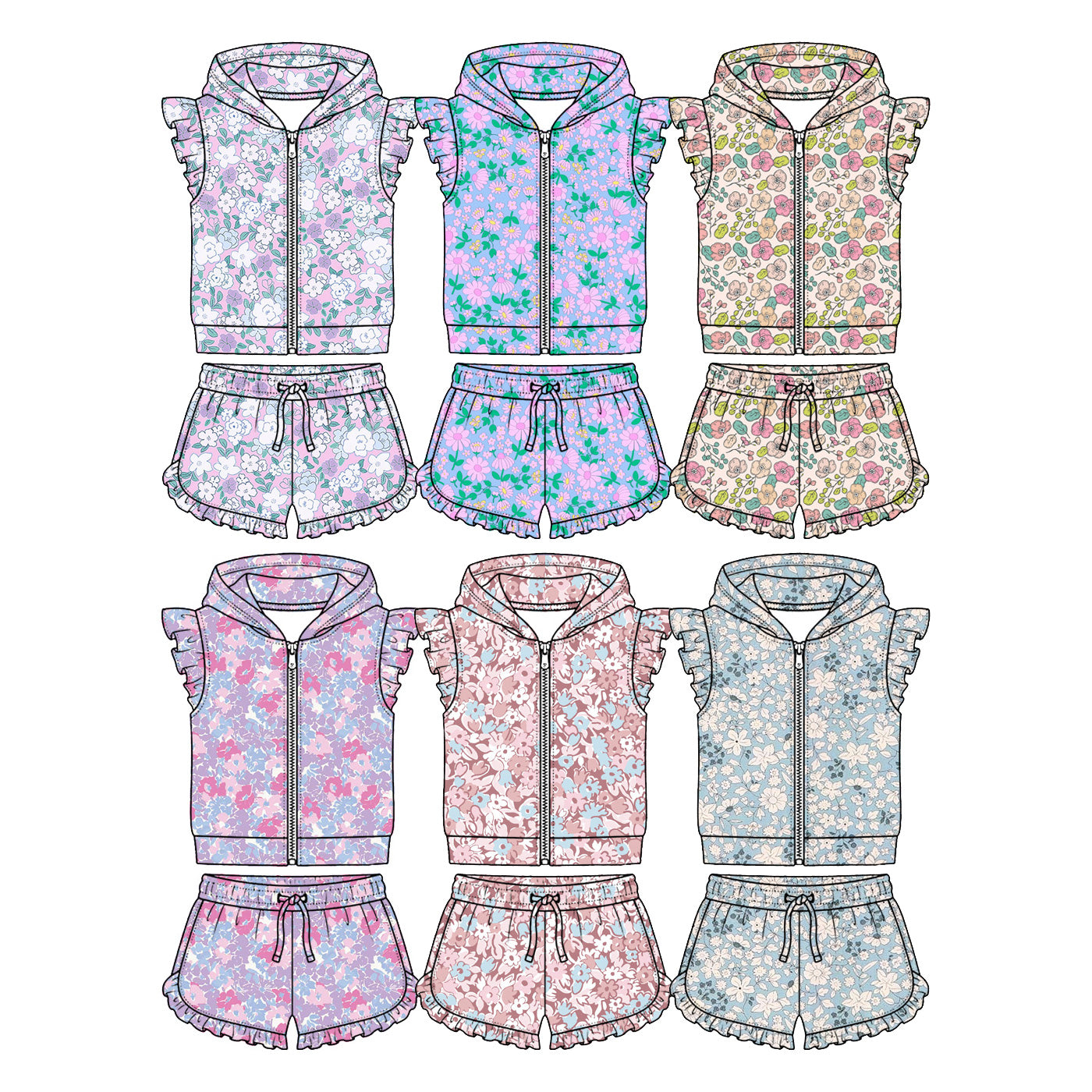 ( Moq 5 Each Style ) Sibling Baby Girls Kids Short Sleeves Flower Zipper Hoodie Tops Shorts Sets Clothes