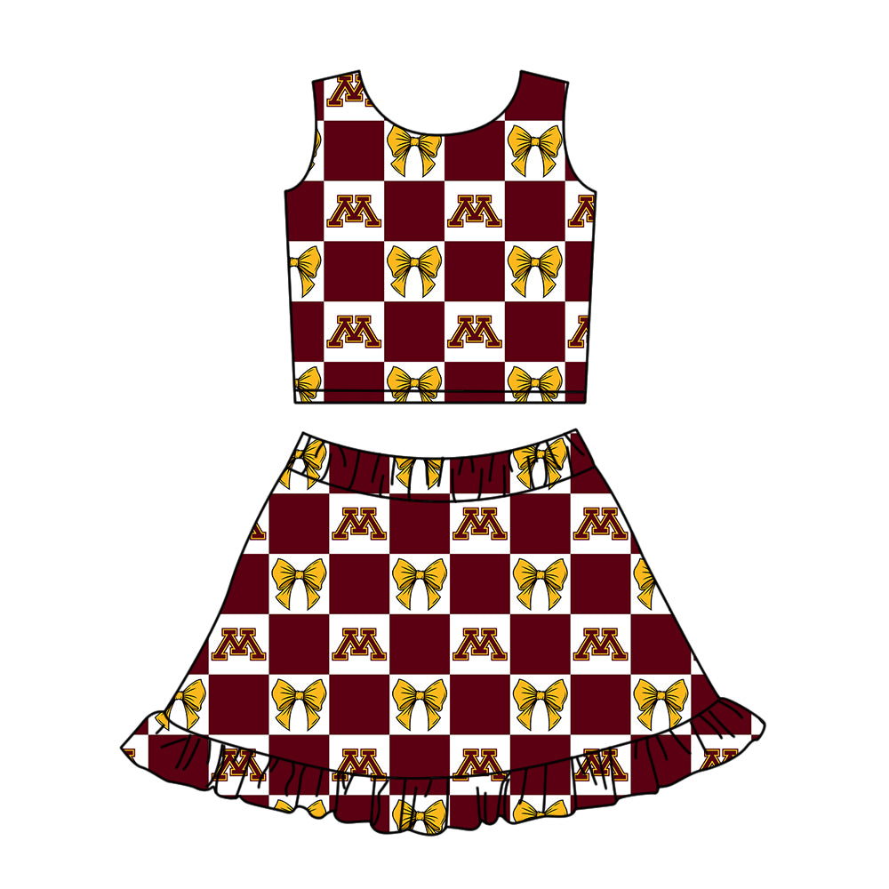 ( Moq 5 ) Baby Girls Kids Toddler M Bows Dark Red Plaid Tops Shorts Ruffle Skirt Team Set