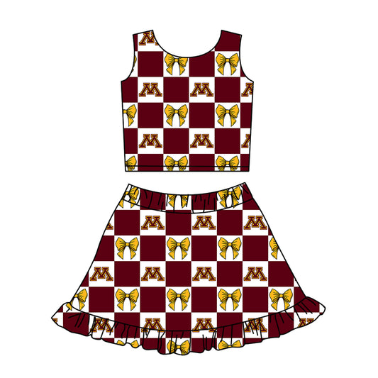 ( Moq 5 ) Baby Girls Kids Toddler M Bows Dark Red Plaid Tops Shorts Ruffle Skirt Team Set