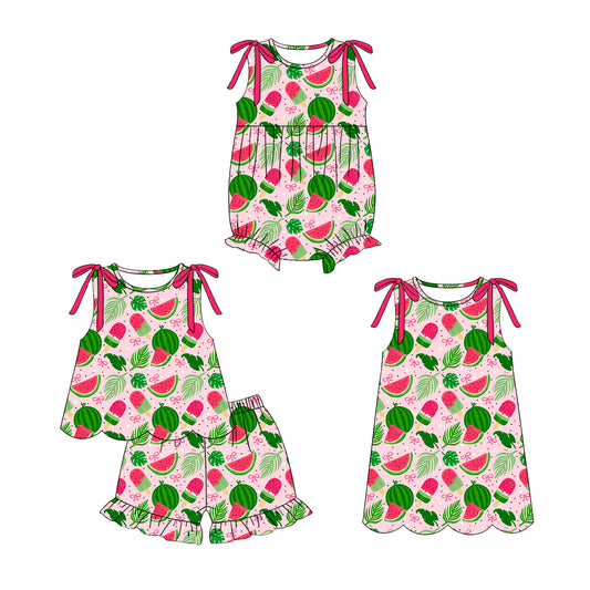 ( Moq 5 Each Style ) Sibling Baby Girls Kids Watermelon Bows Romper Dress Set Clothes