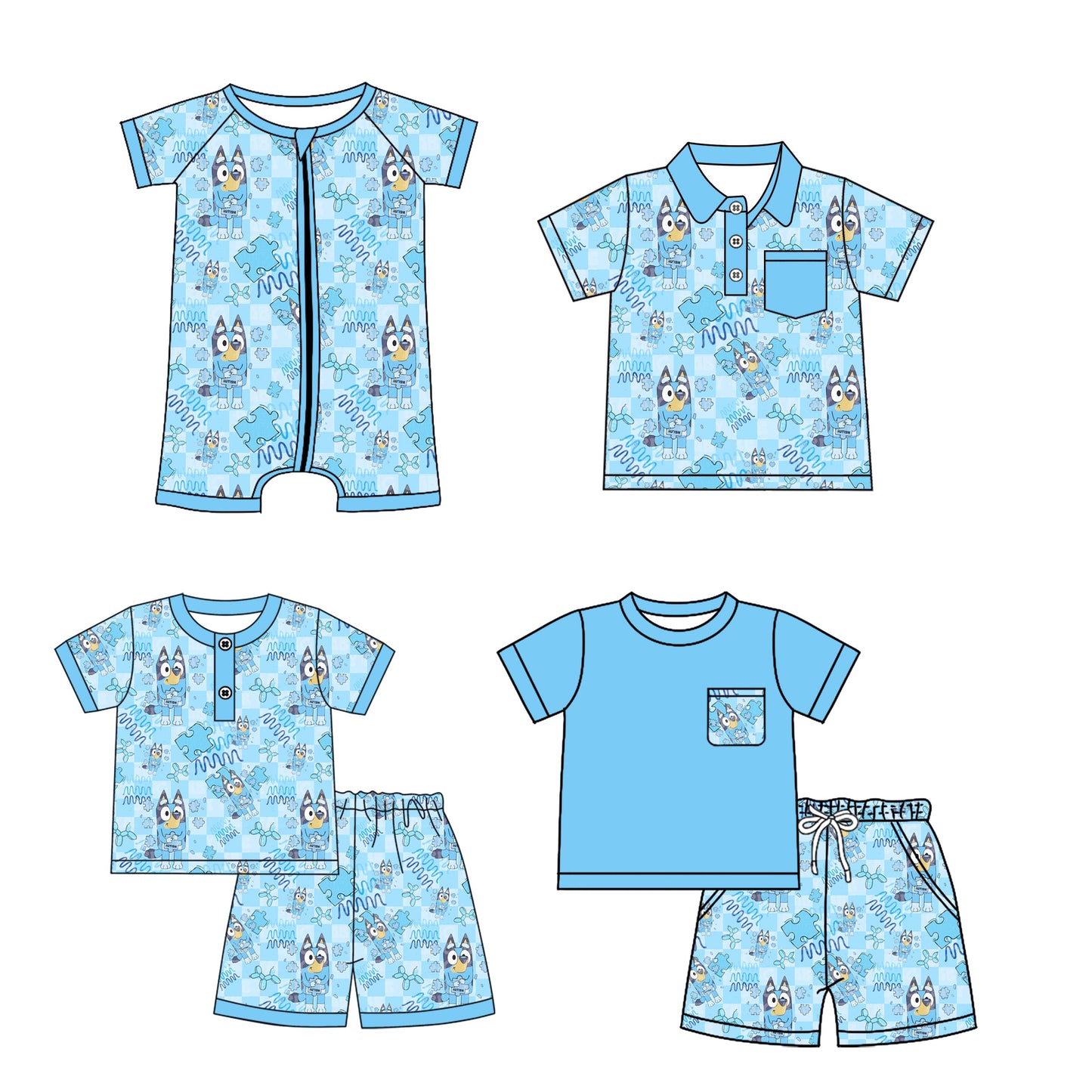 Baby Boy Short Sleeves Dogs Blue Sibling Romper Shirt Set ( Moq 5 Each Style ) 3.21