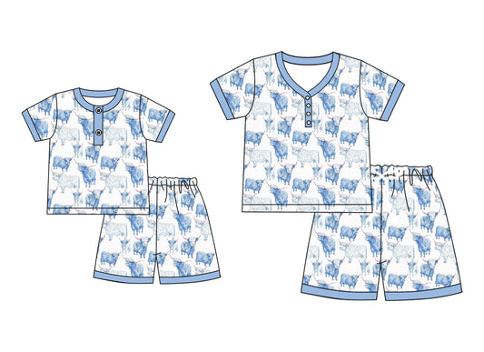 ( Moq 5 Each Style ) Baby Girl Adult Women Western Blue Cow Sibling Mommy And Me Family Pajamas Set 4.23