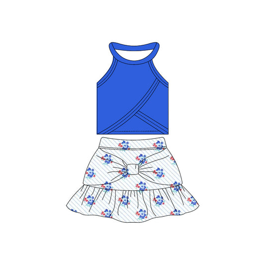 ( Moq 10 ) Baby Girl Sleeveless Blue Vest Flower Stripe Ruffle Shorts Skirts Activity Wear Yoga Set