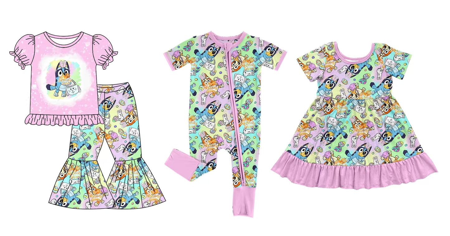 Baby Girl Short Sleeves Easter Rabbits Eggs Dogs Sibling Romper Dress Clothes Set ( Moq 5 Each Design )12.5