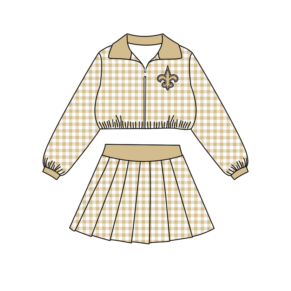 ( Moq 5 ) Baby Girls Kids Long Sleeves Plaid Zipper Tops Skirt Shorts Team Set Clothes