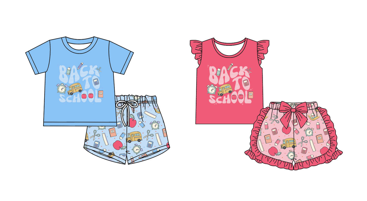 Baby Boy Girl Short Sleeves Back To School Bus Apple Sibling Set ( Moq 5 Each Style ) 2.8