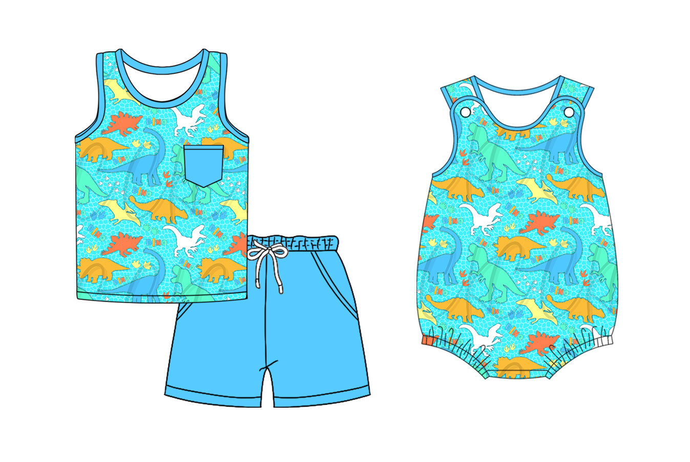 ( Moq 5 Each Style ) Baby Boy Sleeveless Dinosaurs Sibling Romper Set 4.19