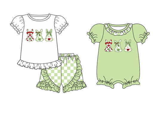 Children Girl Easter Rabbits Green Checkered Sibling Romper Clothes Set ( Moq 5 Each Design )11.30