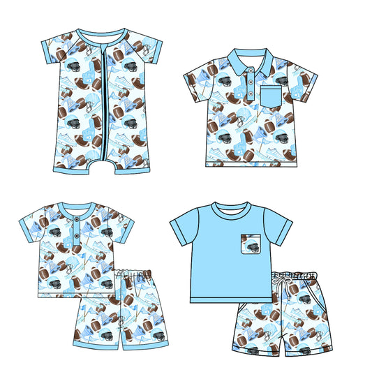 ( Moq 5 Each Style ) Baby Boy Short Sleeves Football Blue Sibling Romper Shirt Set 3.15