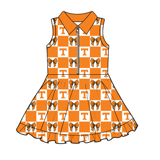 ( Moq 5 Each Style ) Baby Girls Kids Toddler T Orange Bows Plaid Team Zipper Shorts Knee Length Dress