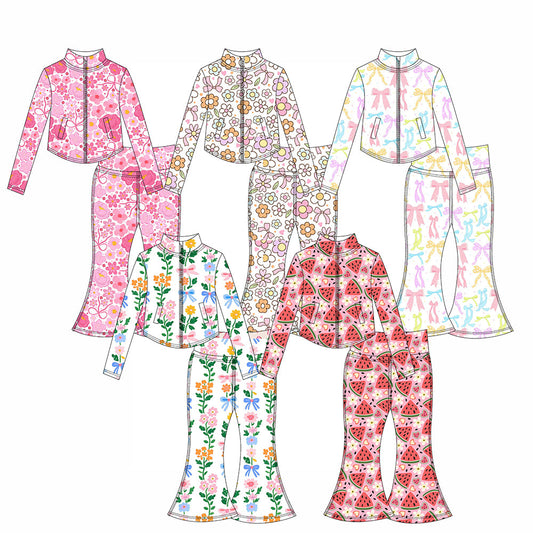 ( Moq 10 ) Baby Girl Colorful Flowers Bows Long Sleeves Pockets Zipper Tops Pants Activity Wear Yoga Set