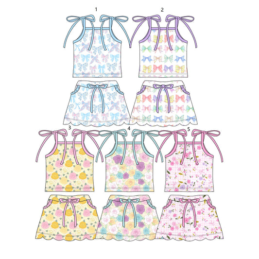 ( Moq 30 Each Style ) Sibling Baby Girls Kids Sleeveless Flower Bows Shirts Pockets Skorts Sets Clothes
