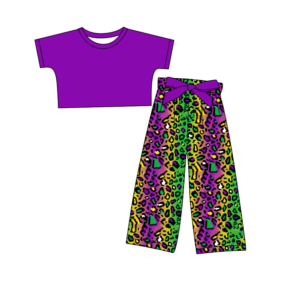 Baby Girl Short Sleeveless Purple Tops Mardi Gras Leopard Pants Set ( Moq 5 ) 12.10