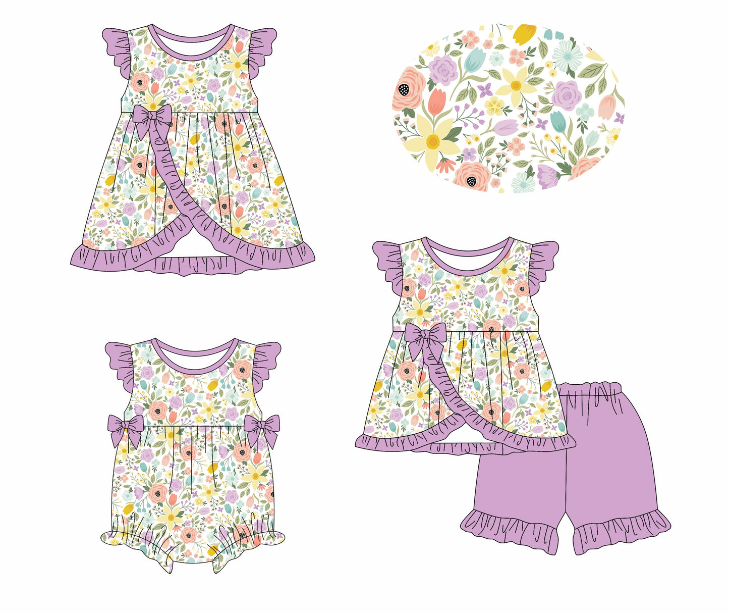 Baby Girl Flower Purple Bows Sibling Romper Dress Set ( Moq 5 Each Style ) 1.13