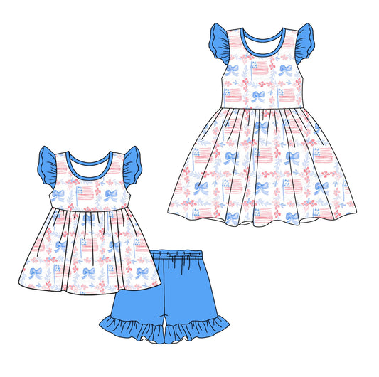 Baby Girl Short Sleeves July 4th Flower Flags Sibling Dress Set ( Moq 5 Each Design ) 12.12